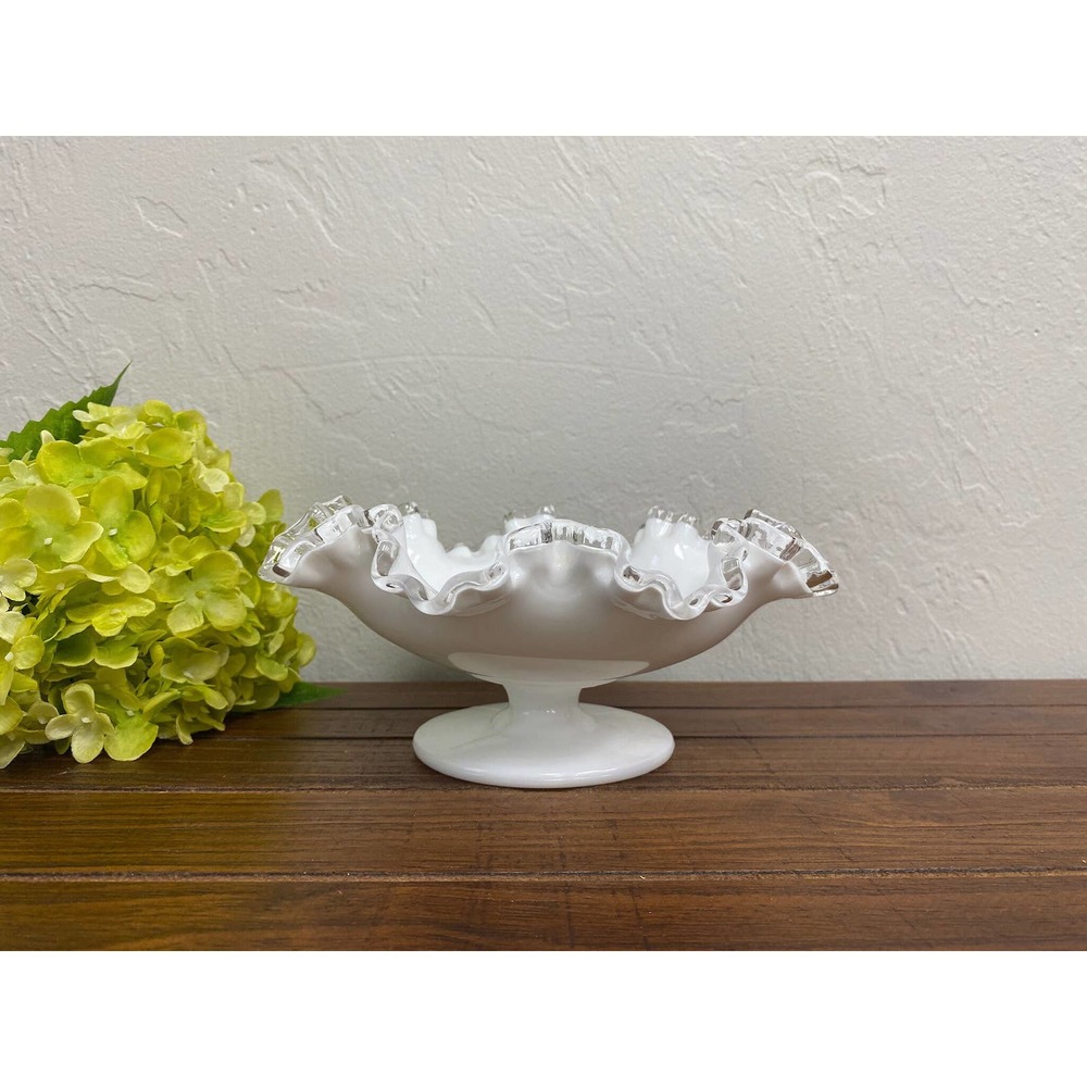 Fenton Silver Crest Milk Glass Compote Dish, Footed Bowl with Ruffled Edge